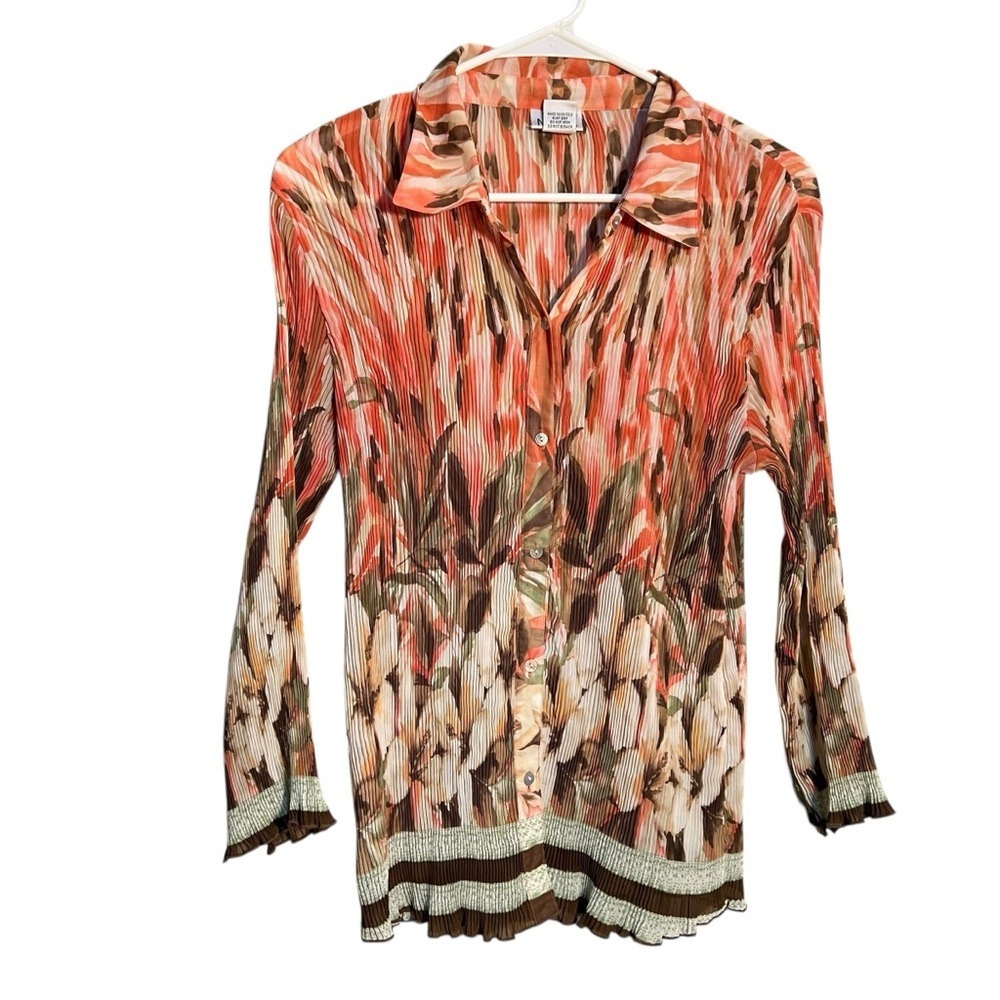 Nicola Women's Size Large Pleated Plisse Blouse Brown Pink Abstract Floral